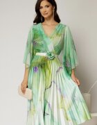  Rochie midi din tull cu imprimeu verde si fusta plisata din satin