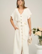  Rochie midi din viscoza alba cu nasturi si cordon in talie