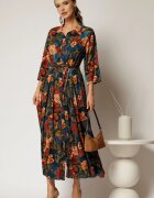  Rochie midi din viscoza albastru turcoaz cu imprimeuri florale si curea in talie