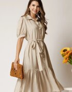  Rochie midi din viscoza bej cu dungi si cordon in talie tip camasa