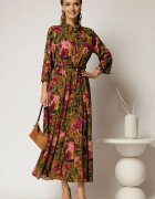  Rochie midi din viscoza kaki cu imprimeuri florale si curea in talie