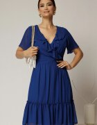  Rochie midi din voal albastru cu decolteu petrecut cu volanase si maneci scurte