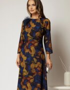  Rochie midi din voal albastru cu imprimeu galben mustar si floare ampla la decolteu