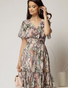  Rochie midi din voal kaki cu imprimeuri cu decolteu petrecut cu volanase si maneci scurte