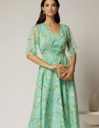  Rochie midi din voal verde menta cu imprimeu galben