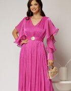  Rochie midi fucsia de ocazie din voal peliculizat cu cordon detasabil