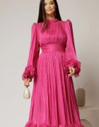  Rochie midi fucsia de ocazie din voal peliculizat cu maneci ample cu volanase