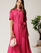  Rochie midi fucsia din bumbac in clos cu cordon in talie