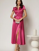  Rochie midi fucsia din satin cu aplicatie in talie si decolteu adanc
