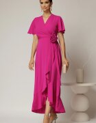  Rochie midi fucsia din triplu voal cu croi petrecut