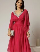  Rochie midi fucsia din tull cu decolteu in V si strassuri aplicate pe linia decolteului