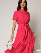  Rochie midi fucsia din viscoza in clos cu nasturi si cordon