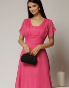  Rochie midi fucsia din voal cu buline si maneci scurte petrecute