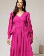  Rochie midi fucsia din voal plin cu nasturi pe bust