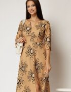  Rochie midi galben mustar cu imprimeu floral negru
