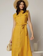  Rochie midi galben mustar din bumbac fara maneci cu cordon in talie