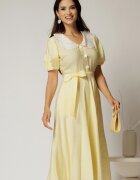  Rochie midi galbena cu buline de zi si guler brodat