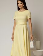  Rochie midi galbena cu maneca scurta si curea in talie cu adaos de viscoza