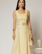  Rochie midi galbena din poplin cu nasturi si curea in talie