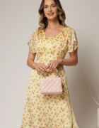  Rochie midi galbena din voal cu imprimeu floral si maneci scurte petrecute