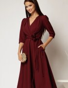  Rochie midi grena din stofa in clos cu floare in talie