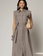  Rochie midi gri din bumbac fara maneci cu cordon in talie