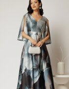  Rochie midi gri satinata cu imprimeu floral bleu