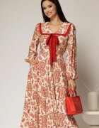  Rochie midi imprimeu floral bordo cu guler evidentiat cu volanas