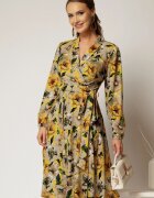  Rochie midi imprimeu floral galben cu aspect petrecut si cordon in talie