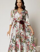  Rochie midi ivoar cu imprimeu floral si cordon in contrast