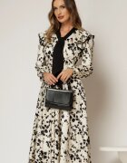  Rochie midi ivoire cu imprimeuri bej negru si guler tip esarfa