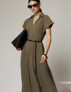  Rochie midi kaki de vara din modal cu decolteu V si cordon in talie.