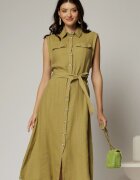  Rochie midi kaki din bumbac fara maneci cu cordon in talie