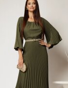  Rochie midi kaki plisata cu croi clos si decolteu rotund cu pliuri
