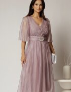 Rochie midi lila de ocazie din matase sintetica creponata