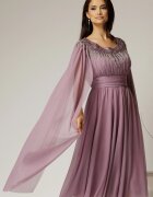  Rochie midi lila de ocazie din tul cu aplicatii la decolteu si maneci lungi