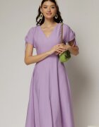  Rochie midi lila din viscoza cu decolteu V si snur la maneci