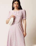  Rochie midi lila din viscoza in clos cu buline si curea in talie
