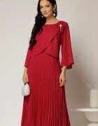  Rochie midi magenta de ocazie cu fusta clos plisata si detaliu la bust