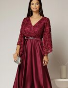  Rochie midi magenta de ocazie din satin si dantela