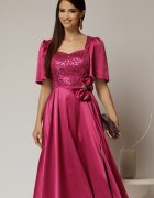  Rochie midi magenta din tafta si paiete cu funda ampla pe talie