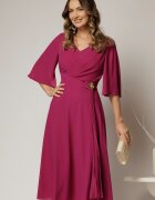  Rochie midi magenta din triplu voal cu decolteu in V si maneci scurte evazate