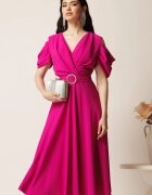  Rochie midi magenta din voal in clos cu decupaje la umeri si cordon in talie