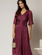  Rochie midi magenta din voal peliculizat cu decolteu V