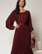  Rochie midi magenta plisata cu croi clos si decolteu rotund cu pliuri