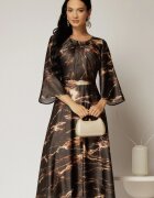  Rochie midi maro cu imprimeuri caramizii si detalii la bust