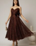  Rochie midi maro de ocazie din dantela cu brose detasabile in talie
