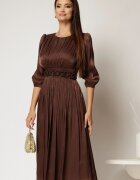  Rochie midi maro de ocazie din voal peliculizat cu cordon detasabil