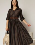  Rochie midi maro intens din tencel si curea maro in talie
