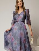  Rochie midi mov cu imprimeuri si fundite pe bust